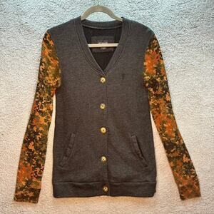 Obey Propaganda Women's Medium Knit Cardigan Sweater Camo Sleeves Fitted Warm